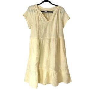 Pact Organic Cotton Coastal Double Gauze Notch Neck Tiered Dress Yellow Sz S